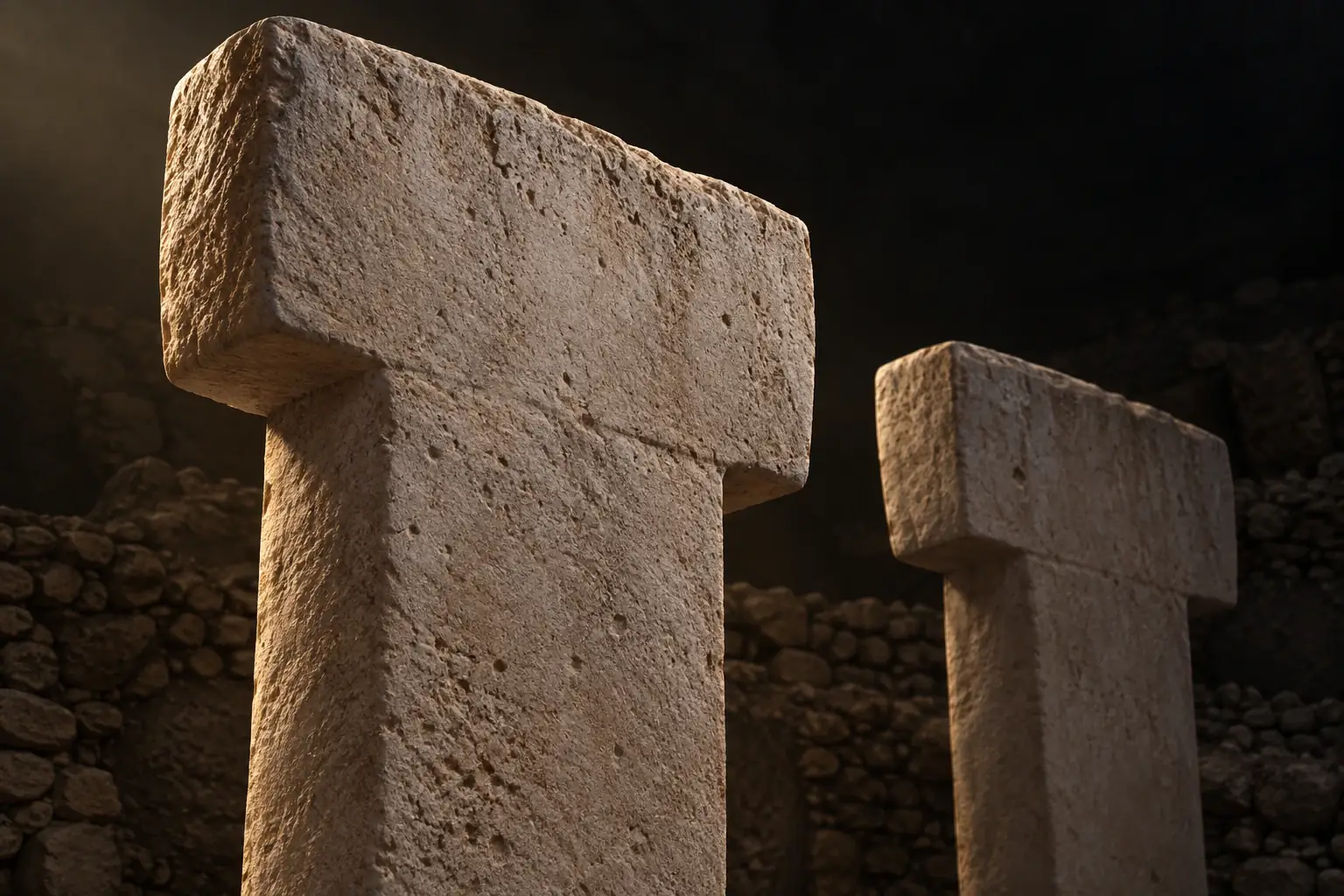 AI editorial interpretation of two T-shaped limestone pillars at Göbekli Tepe against a dark background.