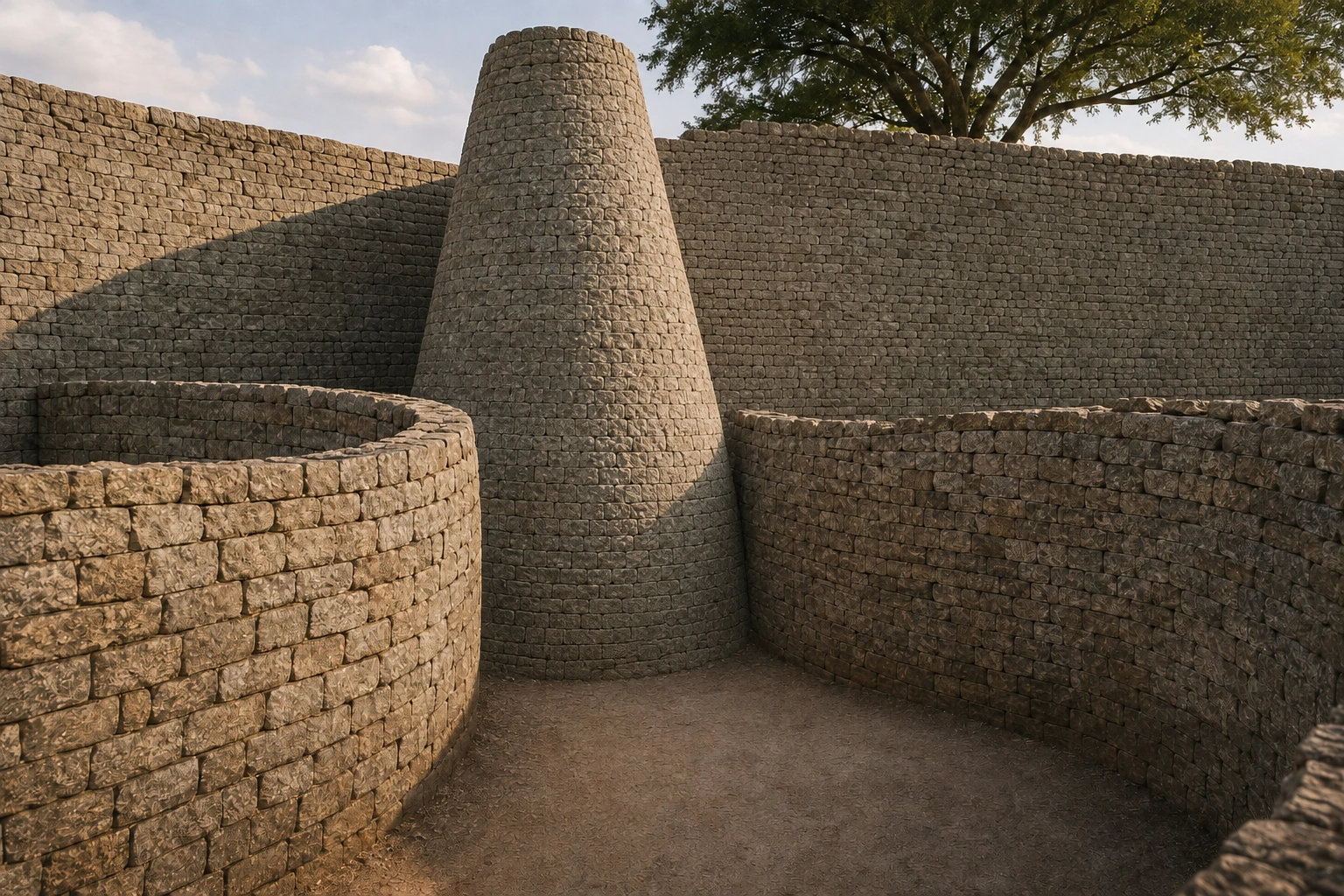 Hipótesis de la torre cónica y el pasaje interior del Gran Recinto de Gran Zimbabue durante el siglo XIV, en granito de piedra seca; remates y particiones restituidos de forma interpretativa.