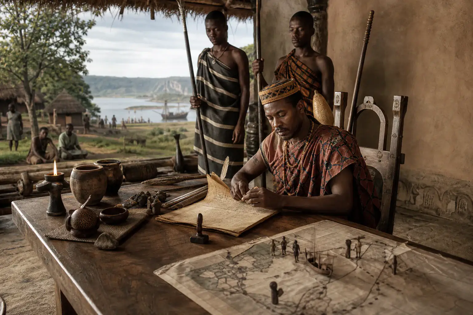 Mesa de escriba en Mbanza Kongo con facsímil de la carta de Afonso I de 1526