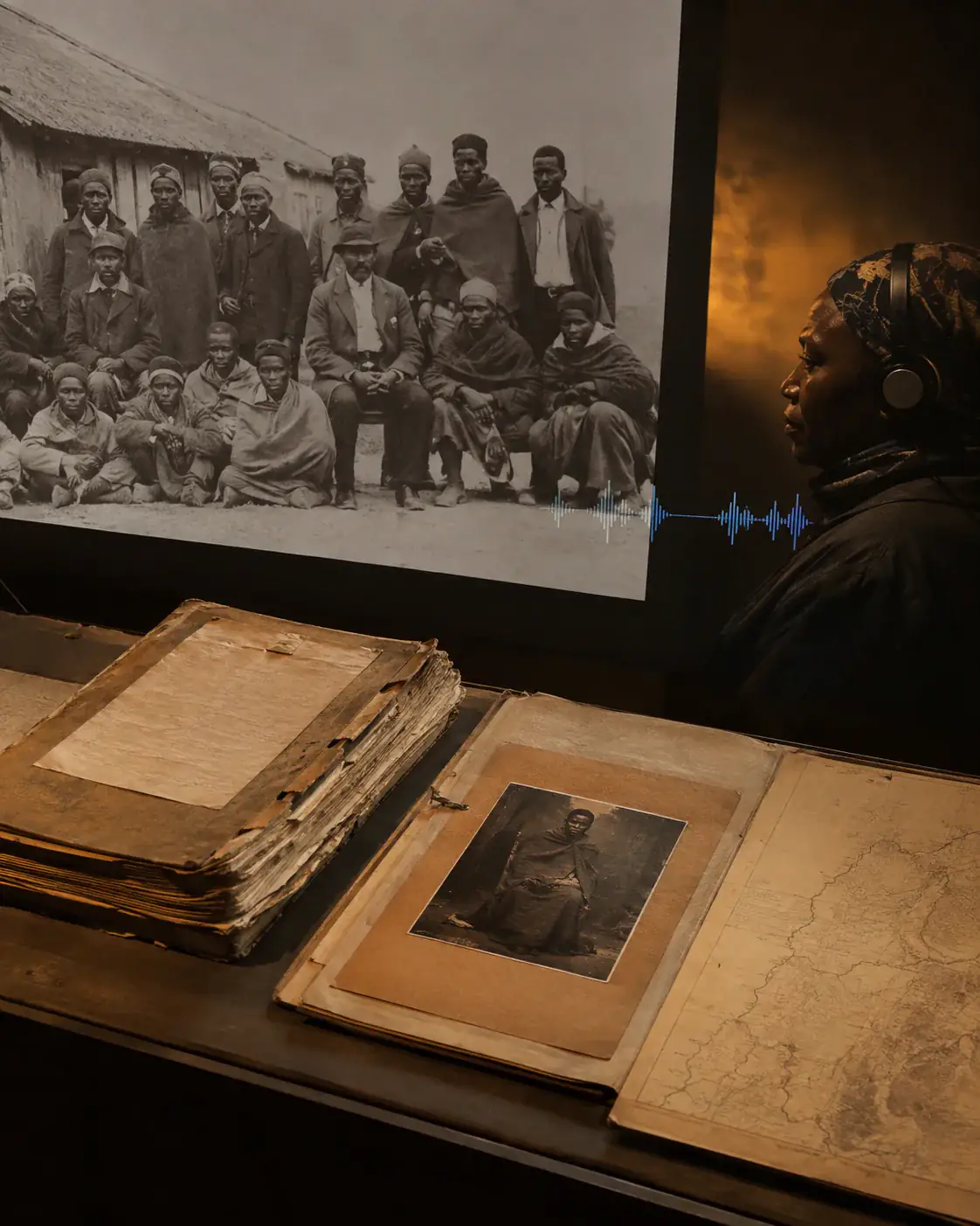Fotografía colonial de Charwe junto a expediente, mapa de Mazowe y una capa de memoria oral