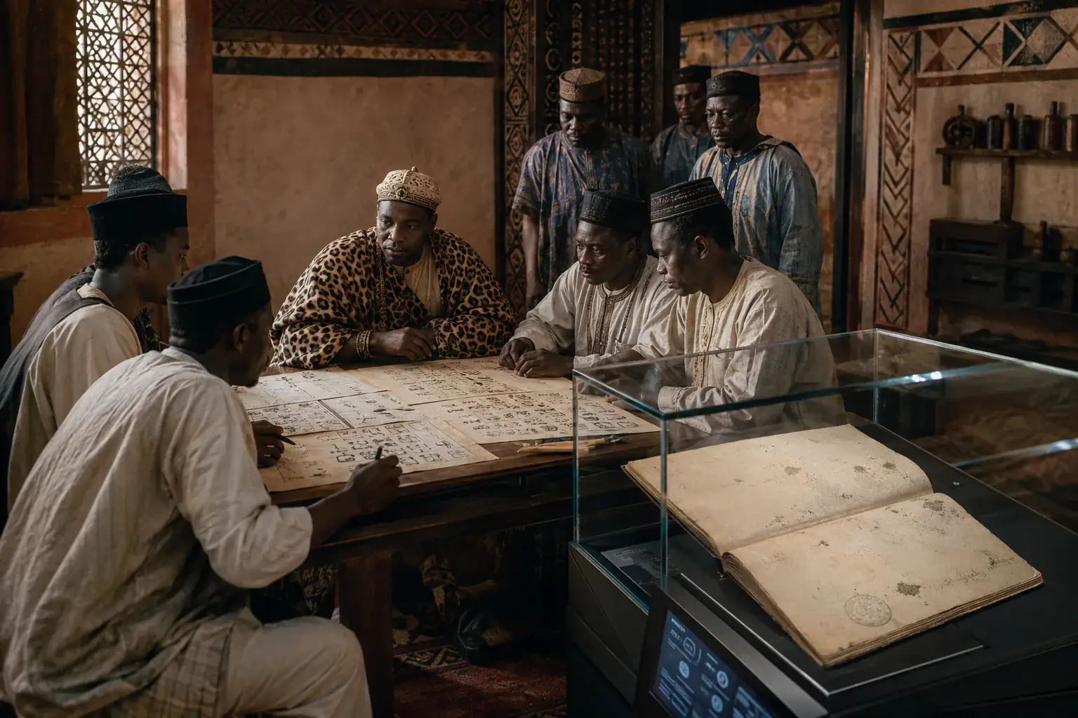 Njoya con escribas y estudiantes compara tres etapas de escritura bamum junto al documento de 1922