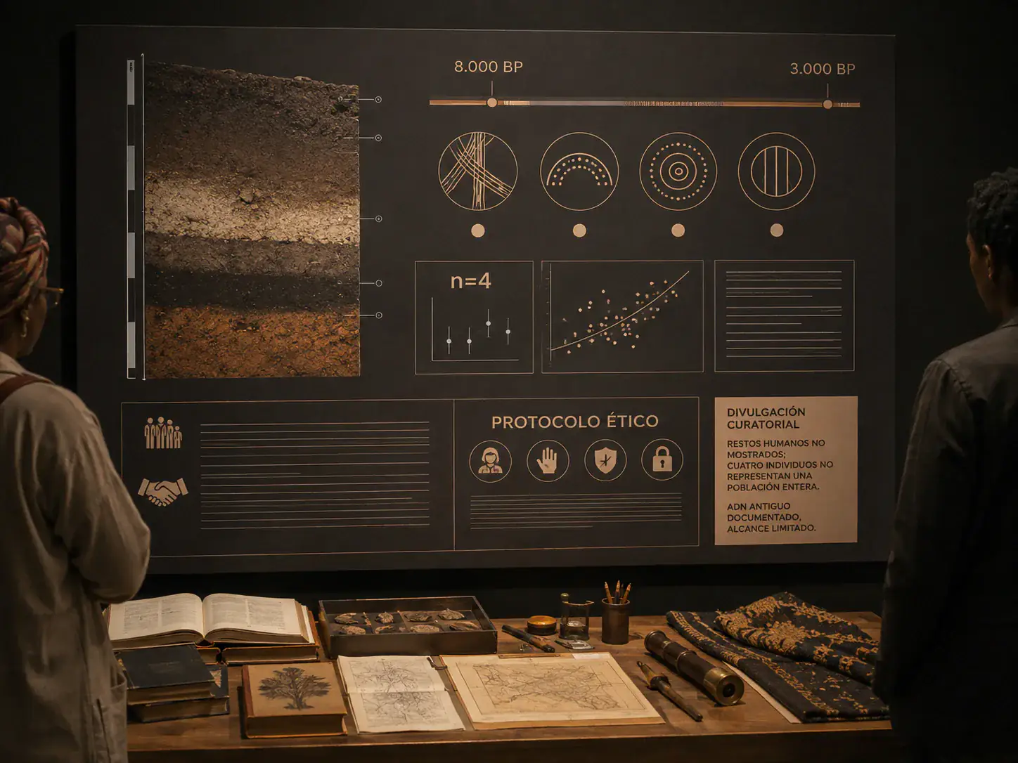 Perfil estratigráfico de Shum Laka con cuatro iconos abstractos de muestra y sus fechas