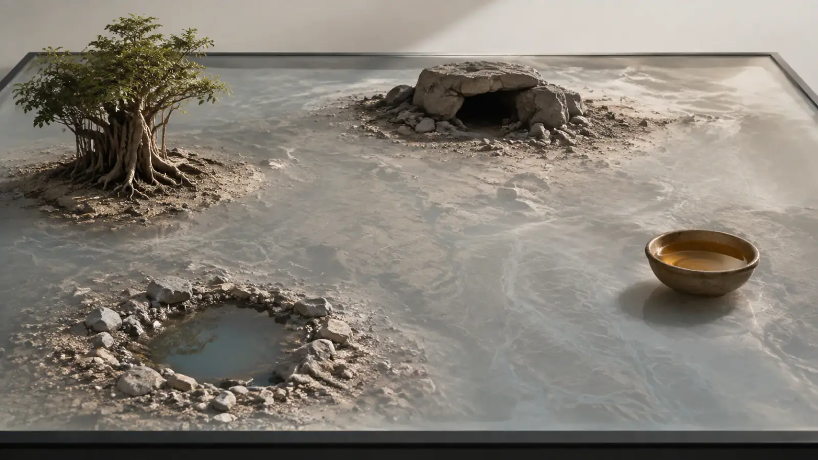Agua, cueva, colina y árbol sobre un mapa deliberadamente desenfocado