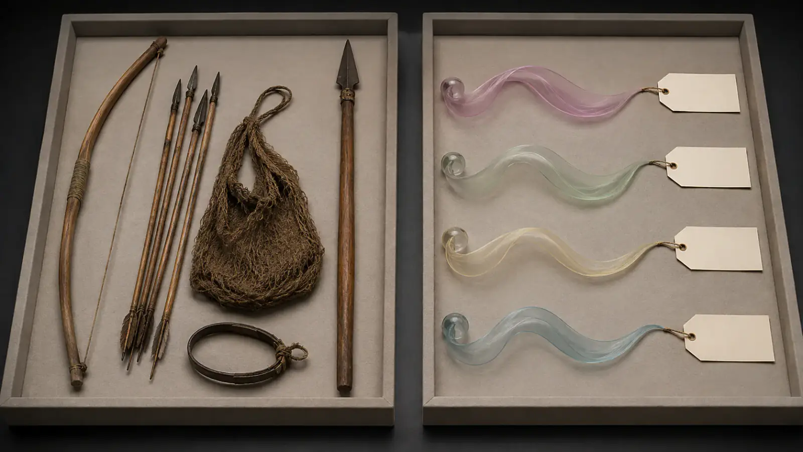 Palabras documentadas junto a dibujos técnicos separados de arco, flechas, lanza y bolsa
