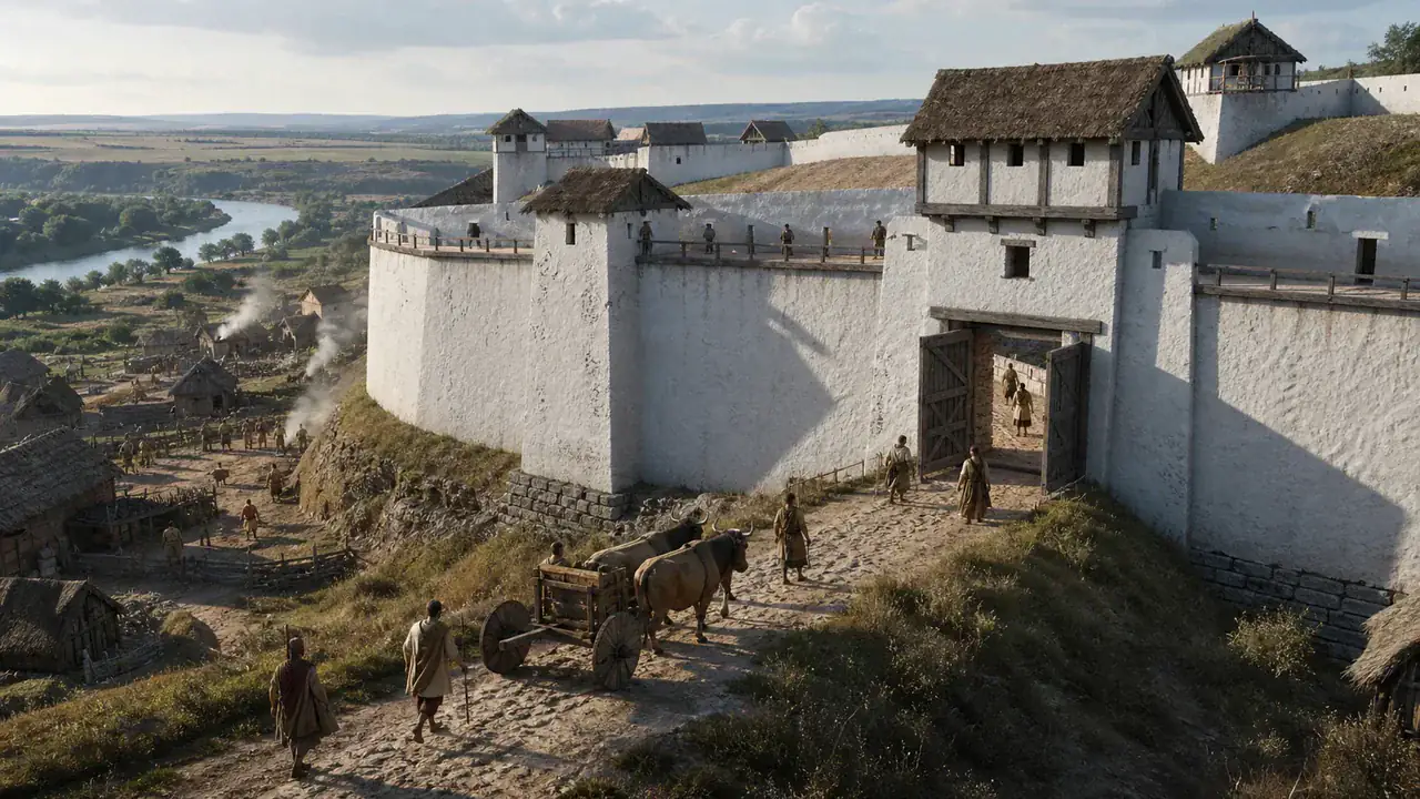 Recreación histórica específica de La puerta de adobe de Heuneburg, Heuneburg, alto Danubio, Baden-Wurtemberg, Siglo VI a. C.