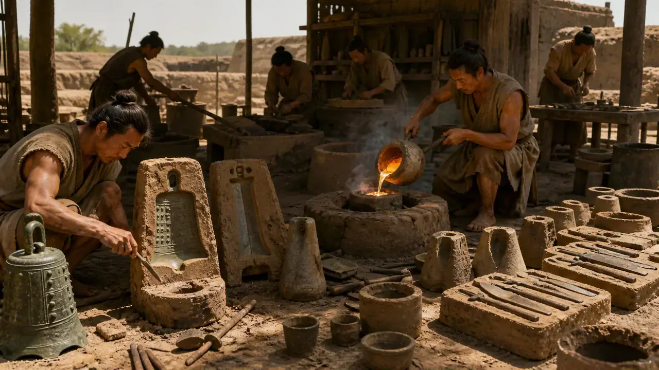 Recreación histórica específica de Antes del gran ritual, herramientas, armas y campanas, Erlitou, Henan, China, ca. 1900–1500 a. C.