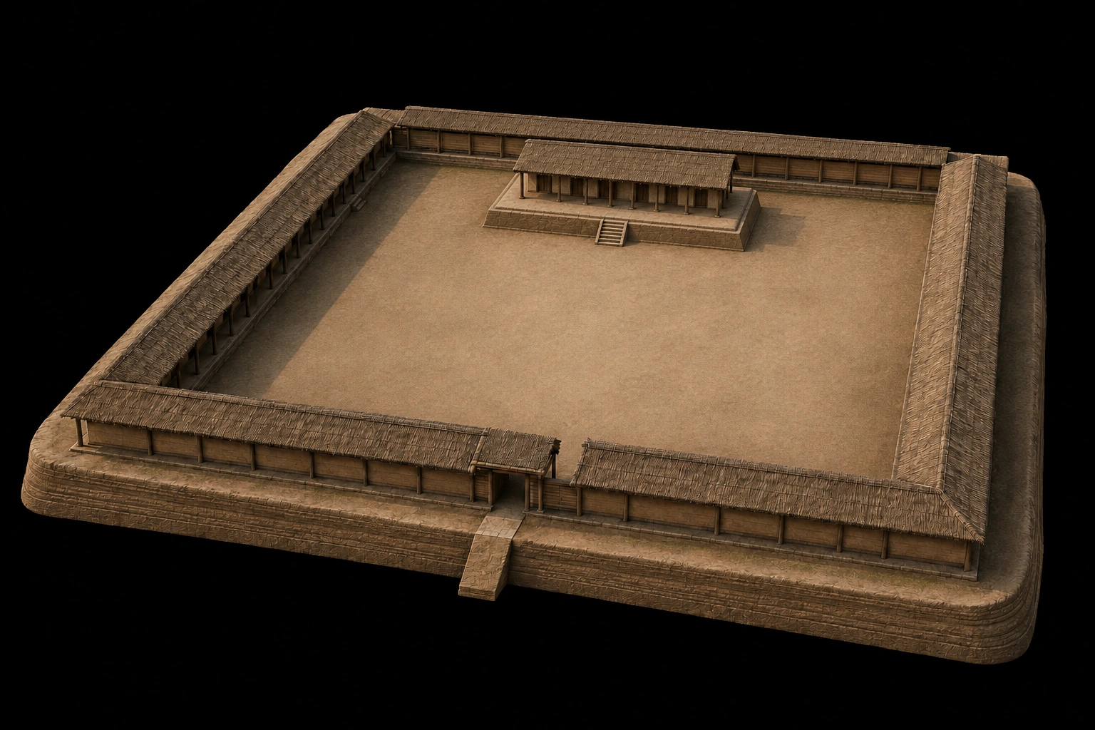 Reconstrucción arquitectónica hipotética del complejo I de Erlitou. La planta excavada no resuelve su identificación con la dinastía Xia; alzados y cubiertas son interpretativos.