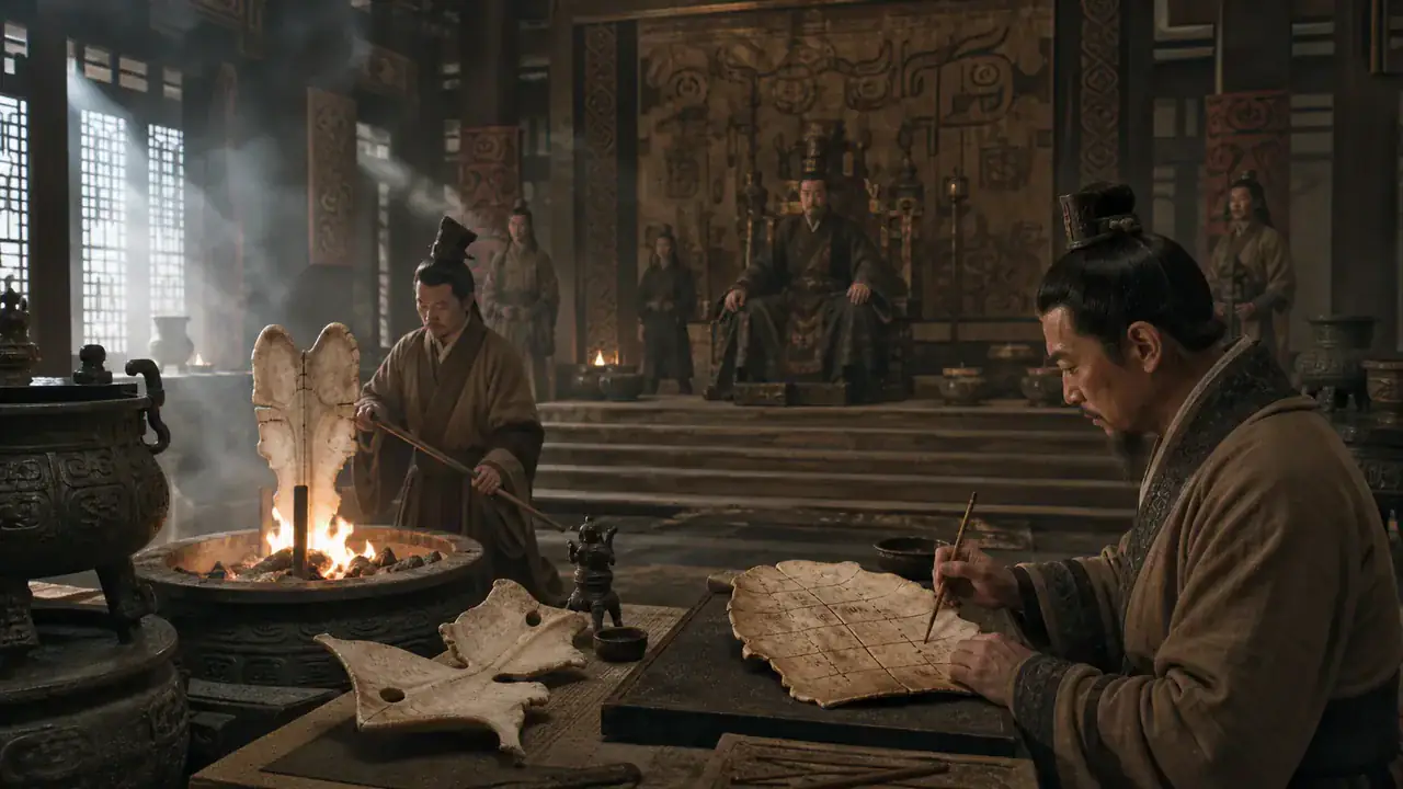 Recreación histórica específica de Preguntar al antepasado y conservar la pregunta, Yin Xu/Anyang, Henan, China, desde ca. 1200 a. C.
