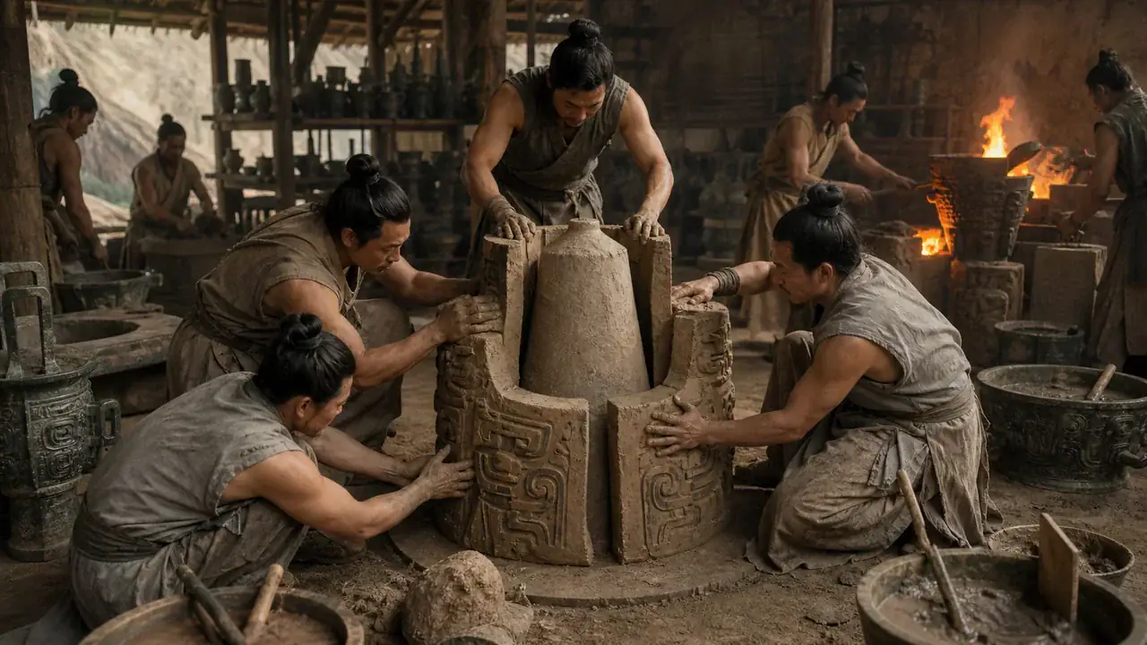 Recreación histórica específica de Fundir la imagen dentro de un rompecabezas de arcilla, China septentrional y central, ca. 1600–1046 a. C.