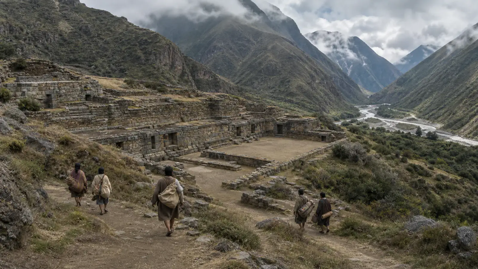 Recreación histórica específica de Chavín de Huántar: llegar desde costas, sierras y selva, Chavín de Huántar, provincia de Huari, Áncash, Perú, Sitio amplio c. 1500–300 a. C.; auge monumental c. 900–500 a. C.