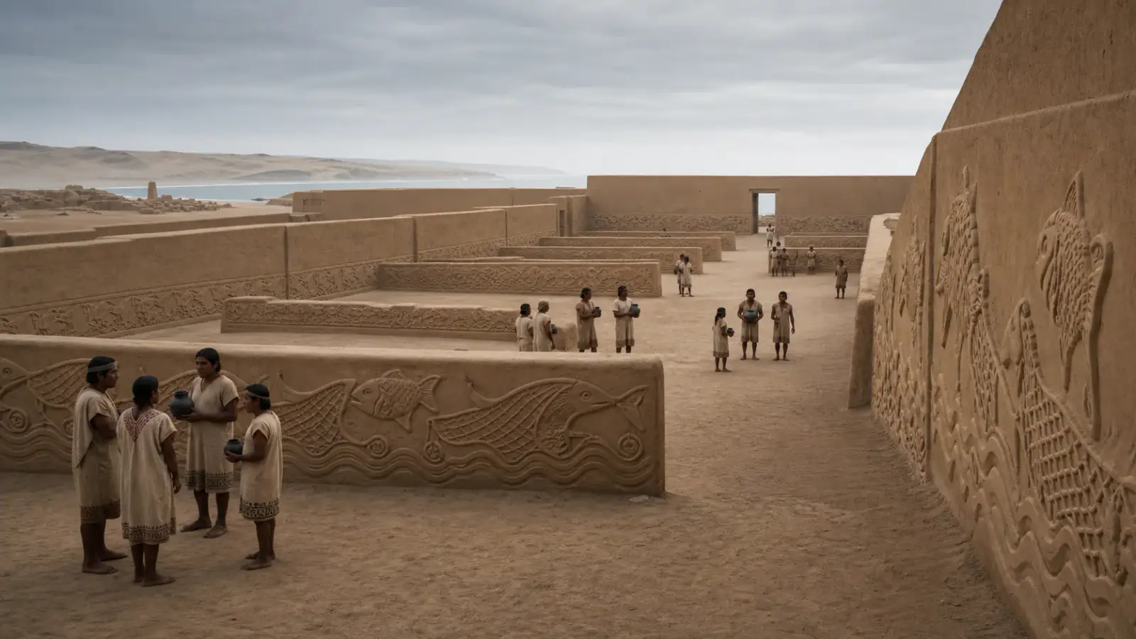 Reconstrucción de un patio de Chan Chan con relieves de peces, olas y redes