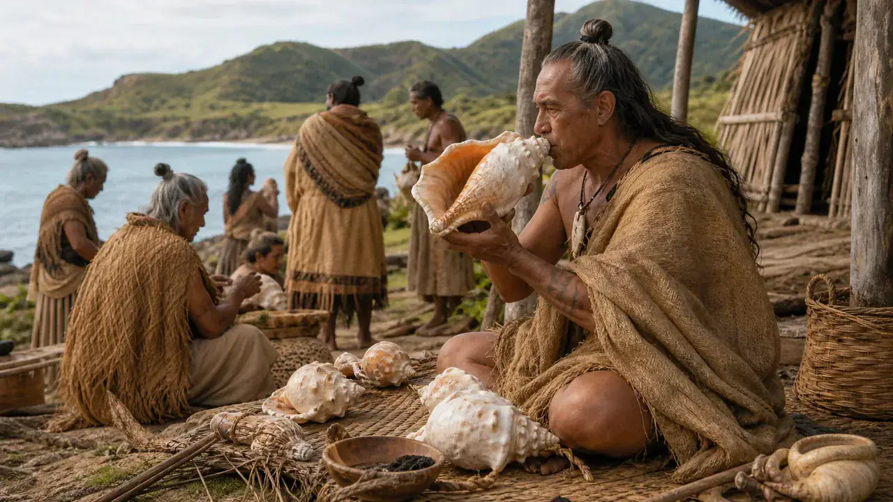 Recreación histórica específica de Trompetas del Pacífico dentro de la montaña, Galería de las Caracolas, Chavín de Huántar; conchas de aguas tropicales, Uso principal c. 800–500 a. C.
