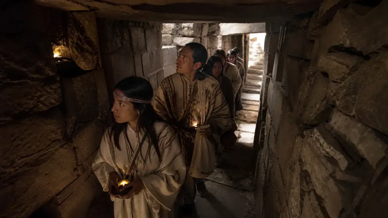 Recreación histórica específica de Dos kilómetros de pasajes para perder el exterior, Interior de los edificios de Chavín de Huántar, Perú, Construcción y uso en múltiples fases, c. 900–300 a. C.