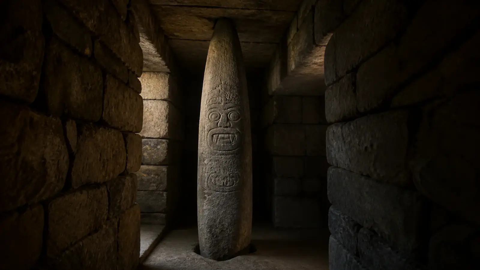 Recreación histórica específica de Una presencia de piedra encajada en el corazón oscuro, Galería del Lanzón, Chavín de Huántar, Perú, c. 900–500 a. C.