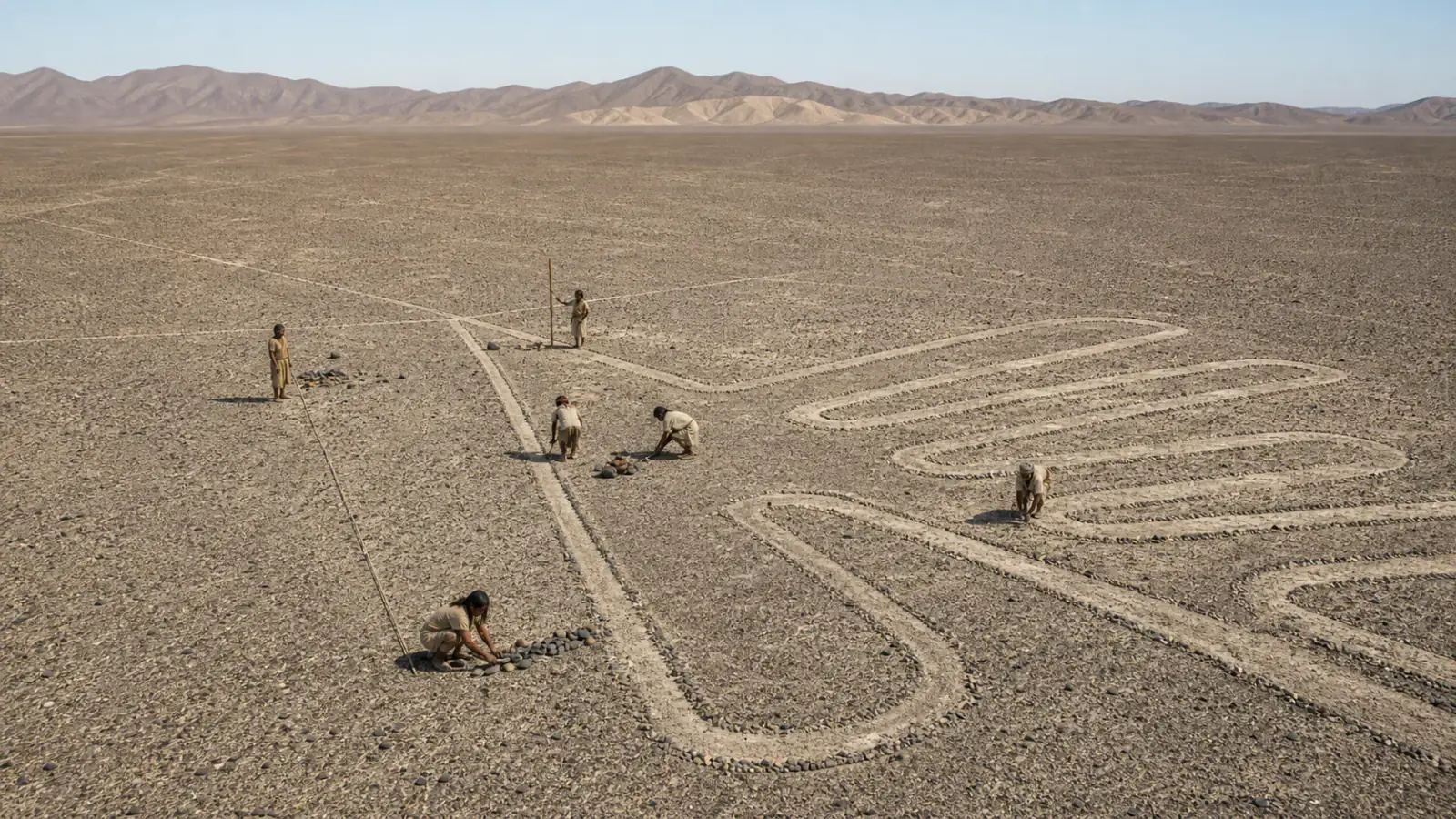Reconstrucción de personas nazca retirando piedras para trazar un geoglifo sobre la pampa