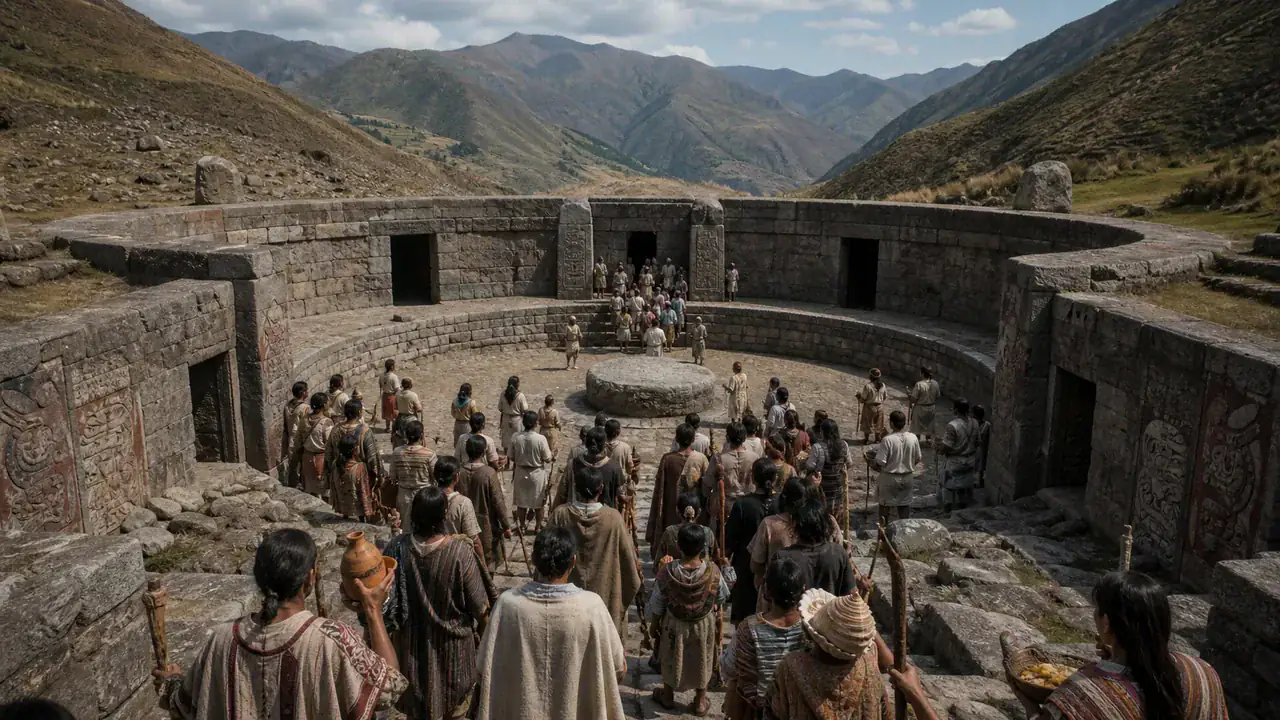 Recreación histórica específica de Descender al centro antes de entrar en el templo, Sector del Templo Antiguo, Chavín de Huántar, Perú, Principalmente c. 900–500 a. C., con fases previas