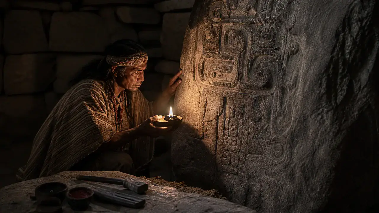 Recreación histórica específica de Una imagen que cambia cuando gira la piedra, Procedente de Chavín de Huántar; hoy en el MNAAHP, Lima, c. 400–200 a. C. según MNAAHP