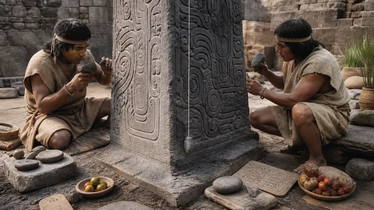 Recreación histórica específica de Dos seres enlazados en una columna de plantas y animales, Chavín de Huántar; hoy Museo Nacional Chavín, Perú, c. 800–500 a. C.