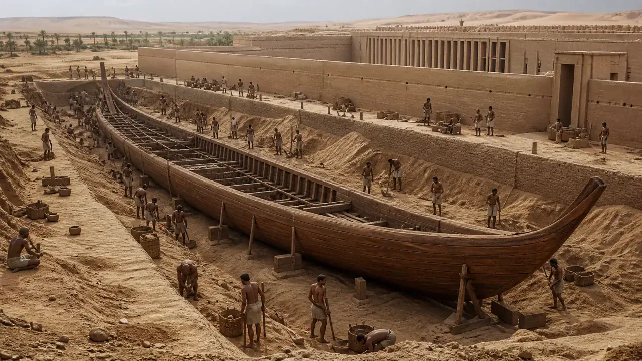 Recreación histórica específica de Barcas enterradas para seguir moviéndose, Abydos, Egipto, ca. 3000 a. C.