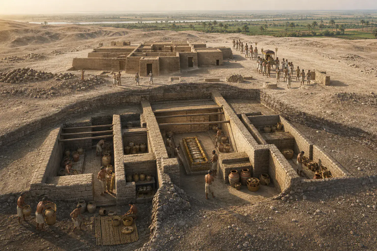 Recreación histórica específica de Abydos: el cementerio de los primeros reyes, Umm el-Qaab, Abydos, Egipto, ca. 3100–2700 a. C.