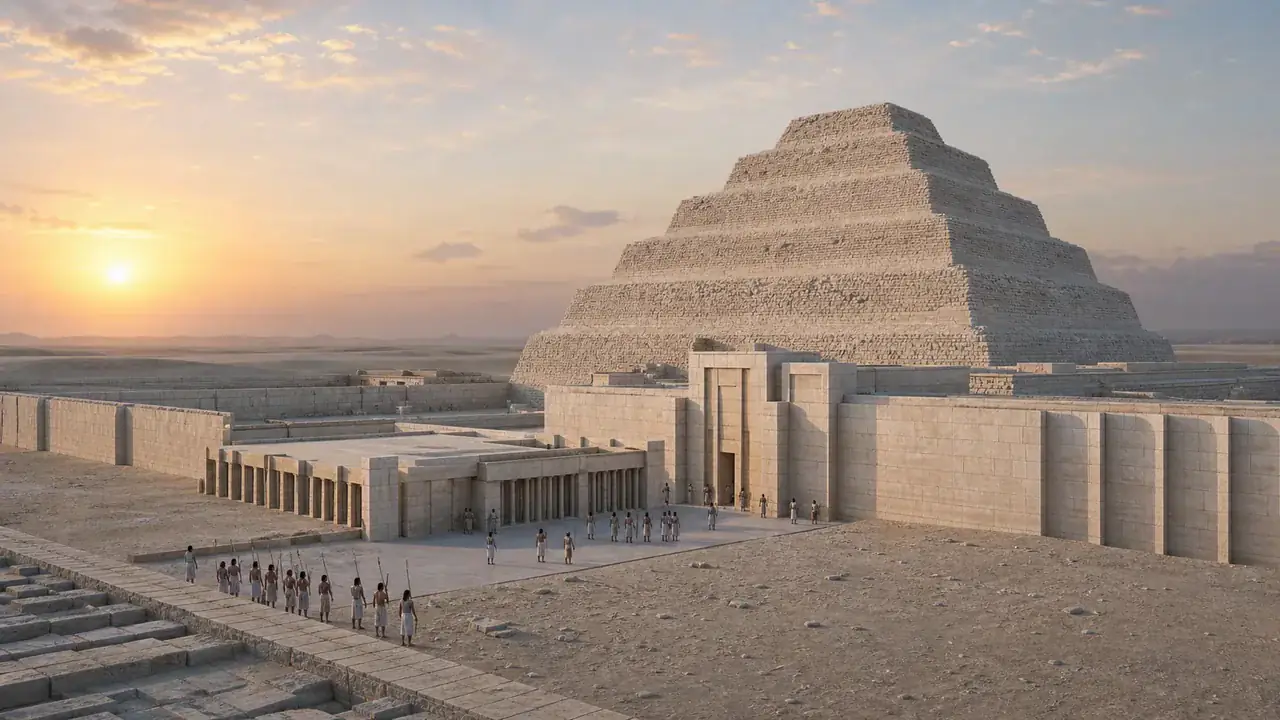Recreación histórica específica de Seis escalones de piedra para un rey, Saqqara, Egipto, ca. 2670 a. C.