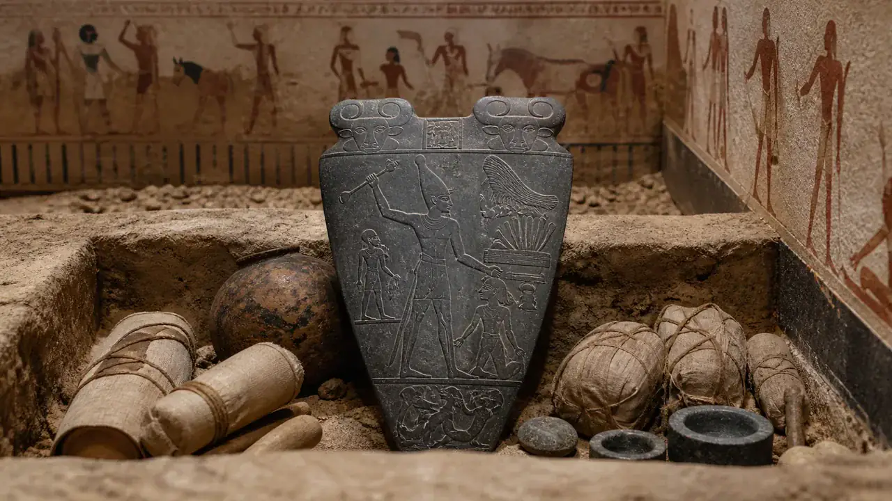 Recreación histórica específica de Una paleta, dos coronas, una lectura difícil, Hierakonpolis, Alto Egipto, ca. 3100 a. C.