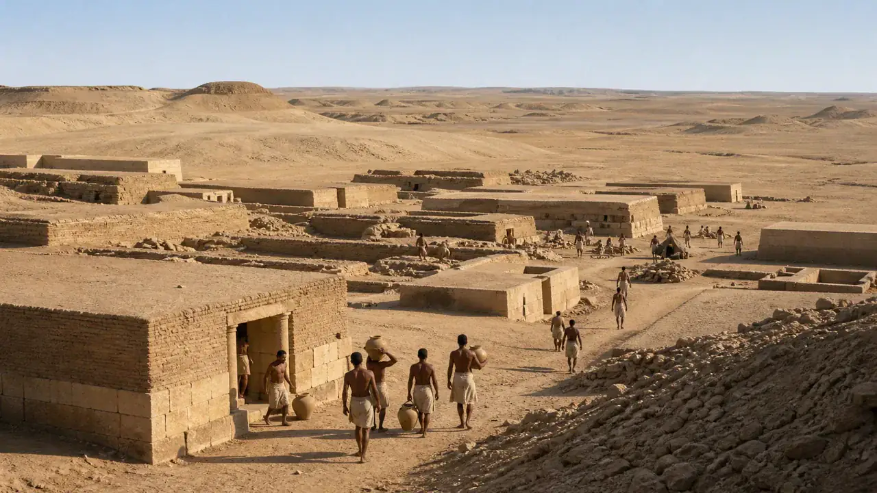 Recreación histórica específica de La casa funeraria antes de la pirámide, Saqqara, Egipto, ca. 3000–2700 a. C.