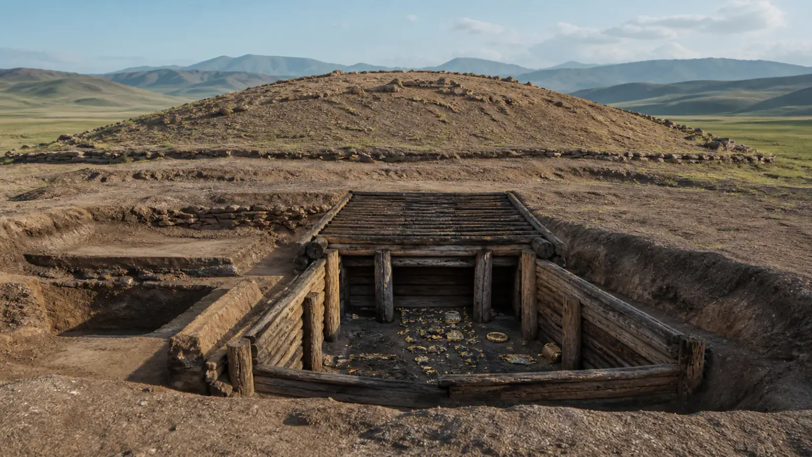 Recreación histórica específica de Arzhan-2 en el Valle de los Reyes, Arzhan-2, valle de Turan-Uyuk, Tuva, Segunda mitad del siglo VII a. C.