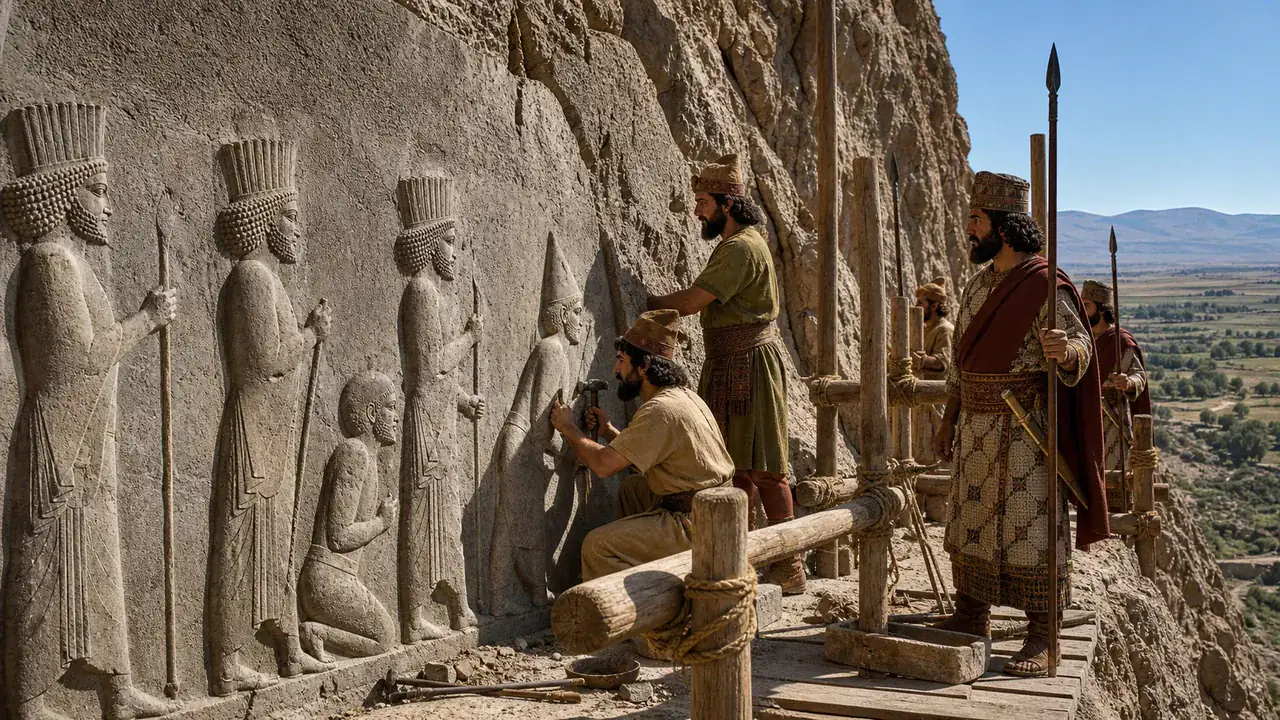 Recreación histórica específica de Skunkha, el saka añadido a Bisotun, Bisotun, provincia de Kermanshah, Irán, Hacia 519 a. C.