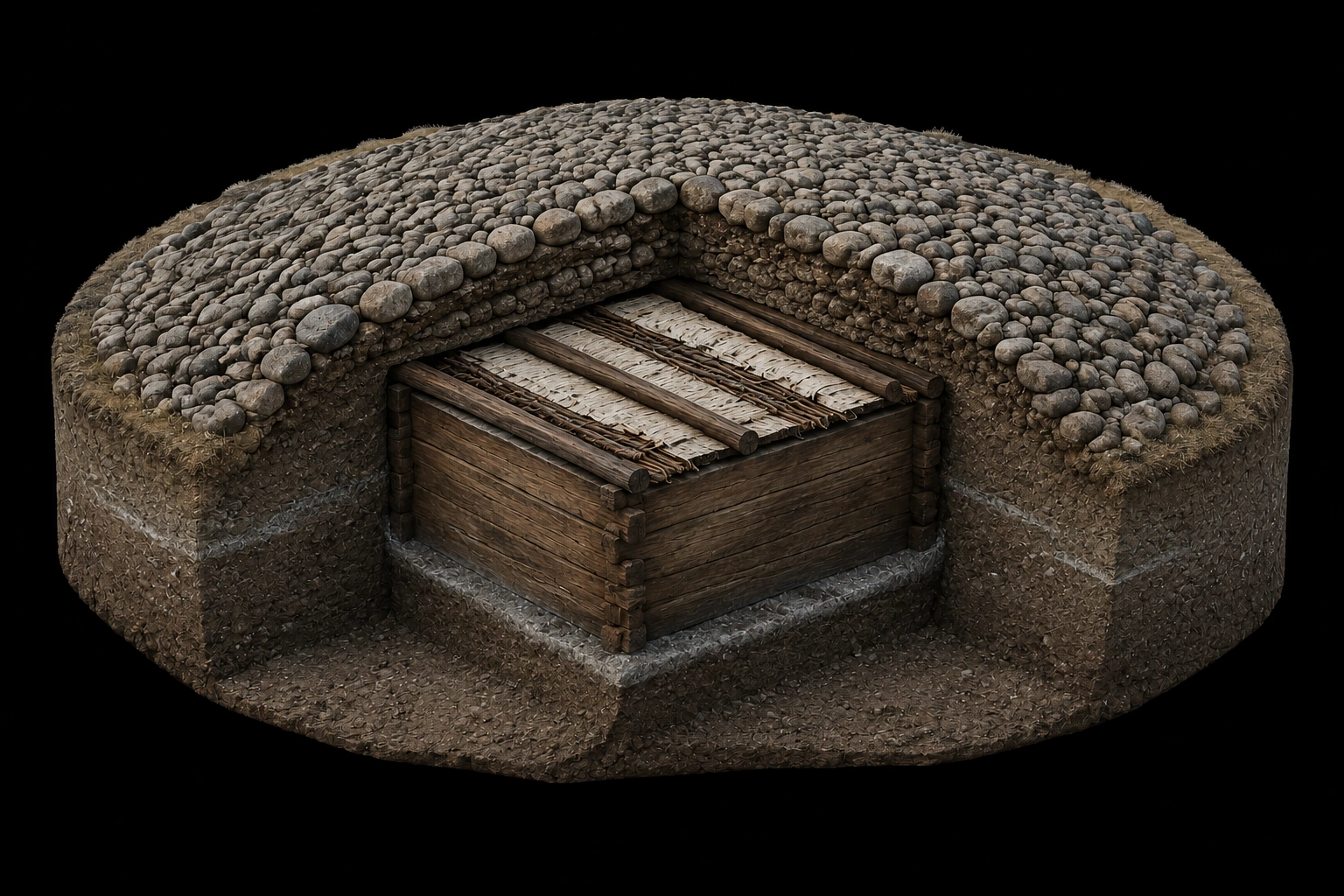 Visualización interpretativa de una tumba helada pazyryk y su permafrost. El corte explica la conservación del contexto; no representa una excavación concreta ni reproduce restos humanos.