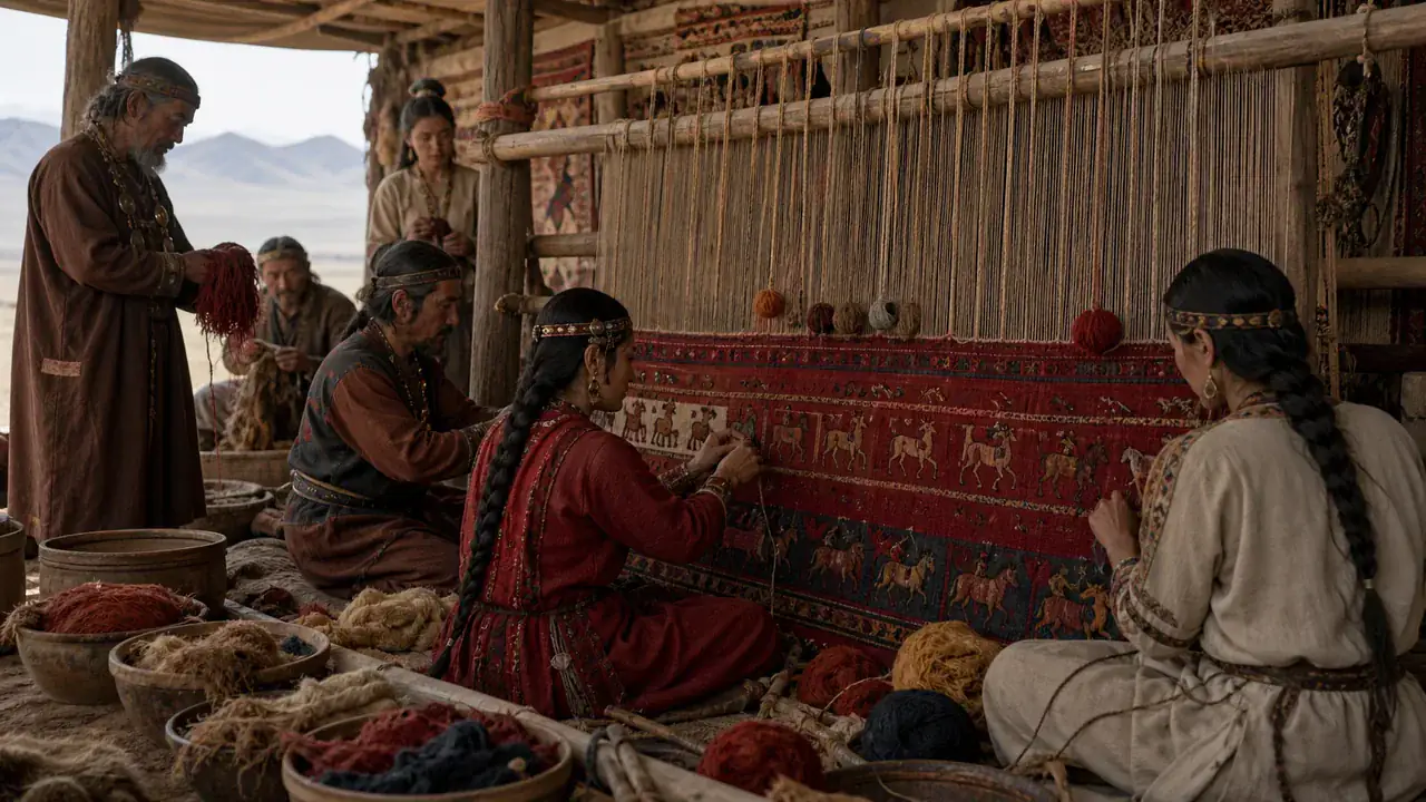 Recreación histórica específica de La alfombra anudada de Pazyryk, Kurgán 5 de Pazyryk, República de Altái, Siglos V–IV a. C.