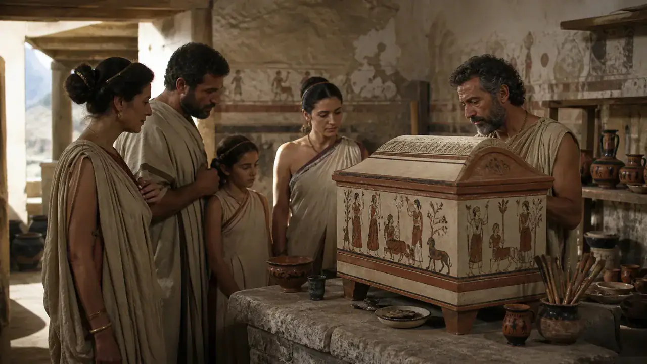 Recreación histórica específica de La urna de Aulus Latinius, Probablemente Chiusi, Toscana, Siglo III a. C.