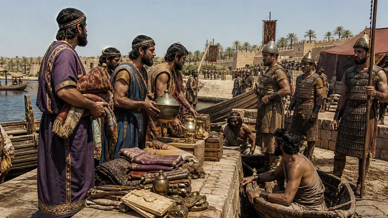 Recreación histórica específica de Tiro y Sidón vistas desde las puertas de Balawat, Balawat, actual Irak; escena referida a Tiro y Sidón, c. 848 a. C.