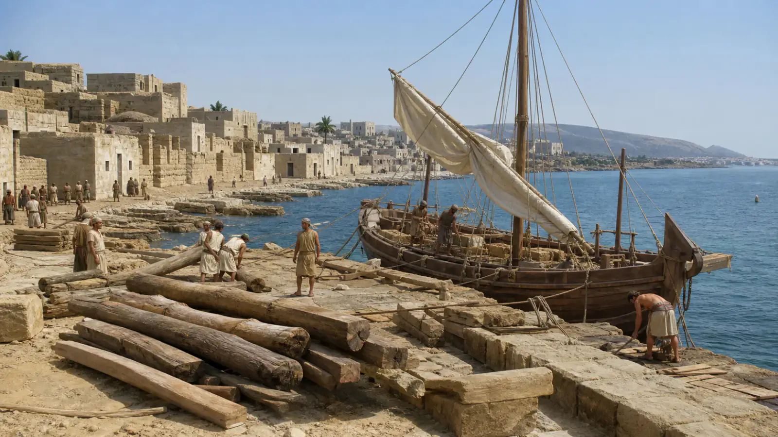 Recreación histórica específica de Biblos: madera de montaña frente al mar, Biblos / Jbeil, costa del actual Líbano, c. 1200–900 a. C. sobre una ocupación mucho más antigua