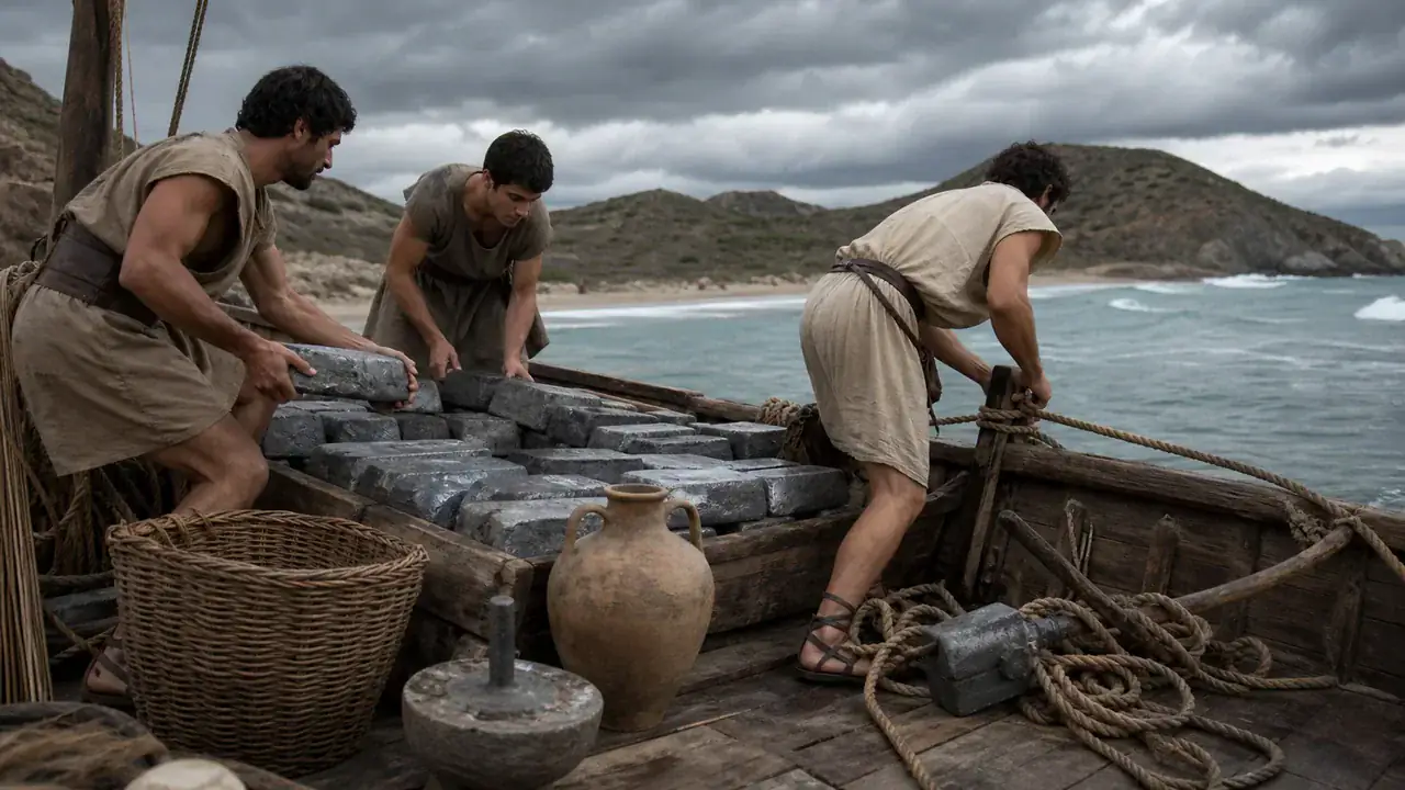 Recreación histórica específica de Lingotes de plomo bajo una cesta intacta, Playa de la Isla, Mazarrón, Murcia, España, Segunda mitad del siglo VII a. C.
