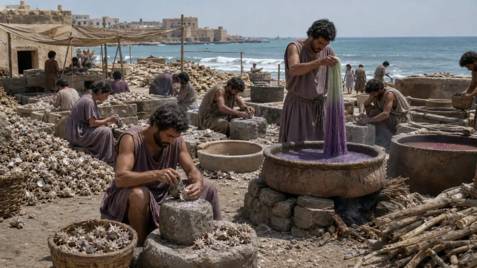 Recreación histórica específica de El taller donde miles de conchas daban unas gotas, Costa de Tiro y Sidón, actual Líbano, c. siglos IX–VI a. C.