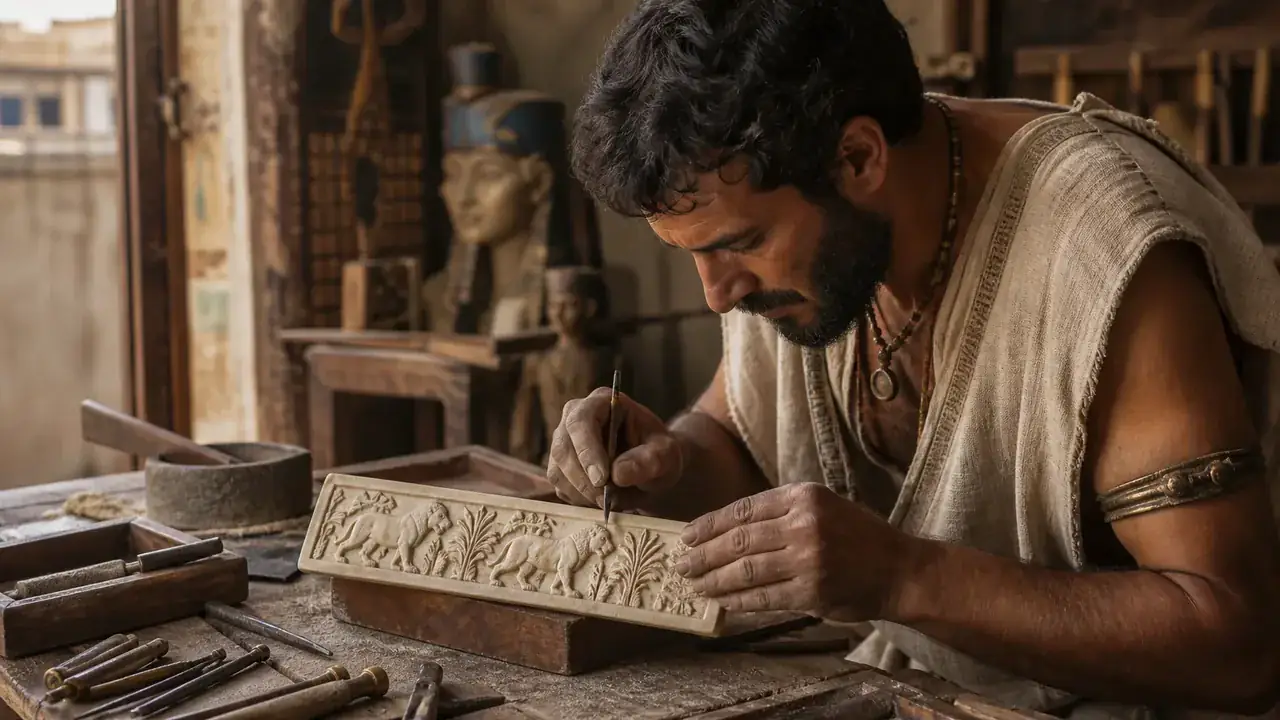 Recreación histórica específica de Un estilo viajero dentro de un palacio asirio, Nimrud, actual Irak; posible producción levantina, Siglos IX–VIII a. C.