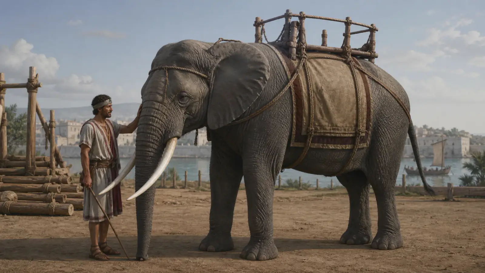 Reconstrucción de un cuidador cartaginés junto a un elefante equipado antes de una campaña