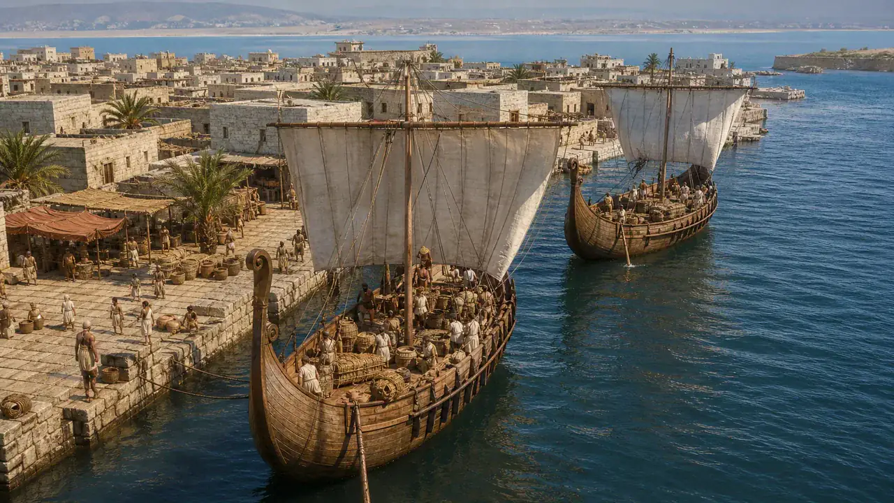 Recreación histórica específica de Dos puertos para una ciudad sin campo, Tiro, costa del actual Líbano, c. siglos X–VII a. C.