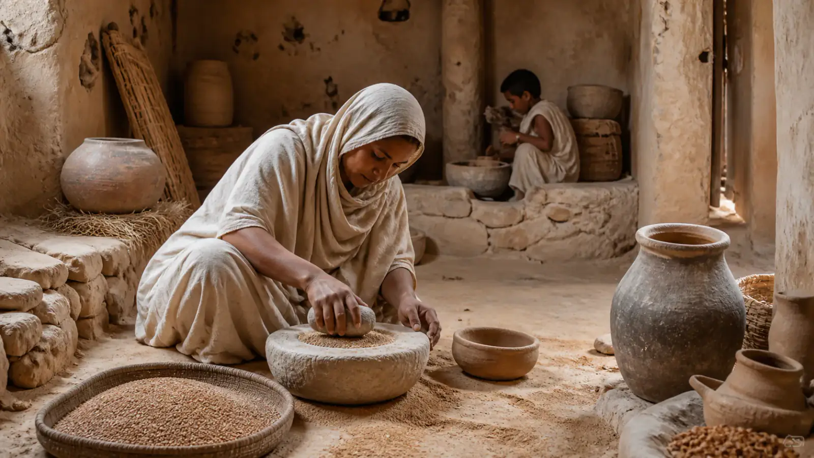 Detalle contextual de Trigo, cebada, dátiles, vid e higo antes del gran sistema, asociado a la tarjeta Casas, alimentos y reparación