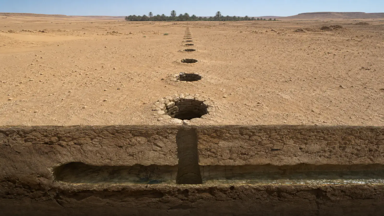 Recreación histórica específica de Un túnel invisible dibujado por pozos en la superficie, Wadi al-Ajal y Fezzan, ≈400 a. C.–700 d. C.