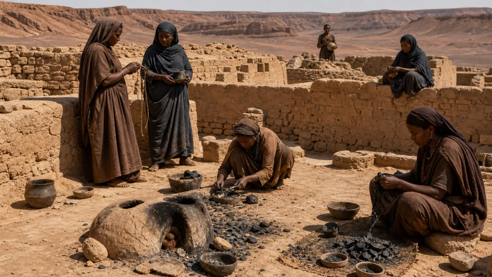 Recreación histórica específica de Hogares, escorias y moldes en un asentamiento conectado, Saniat Jibril · Fezzan, Fases garamantes y tardías