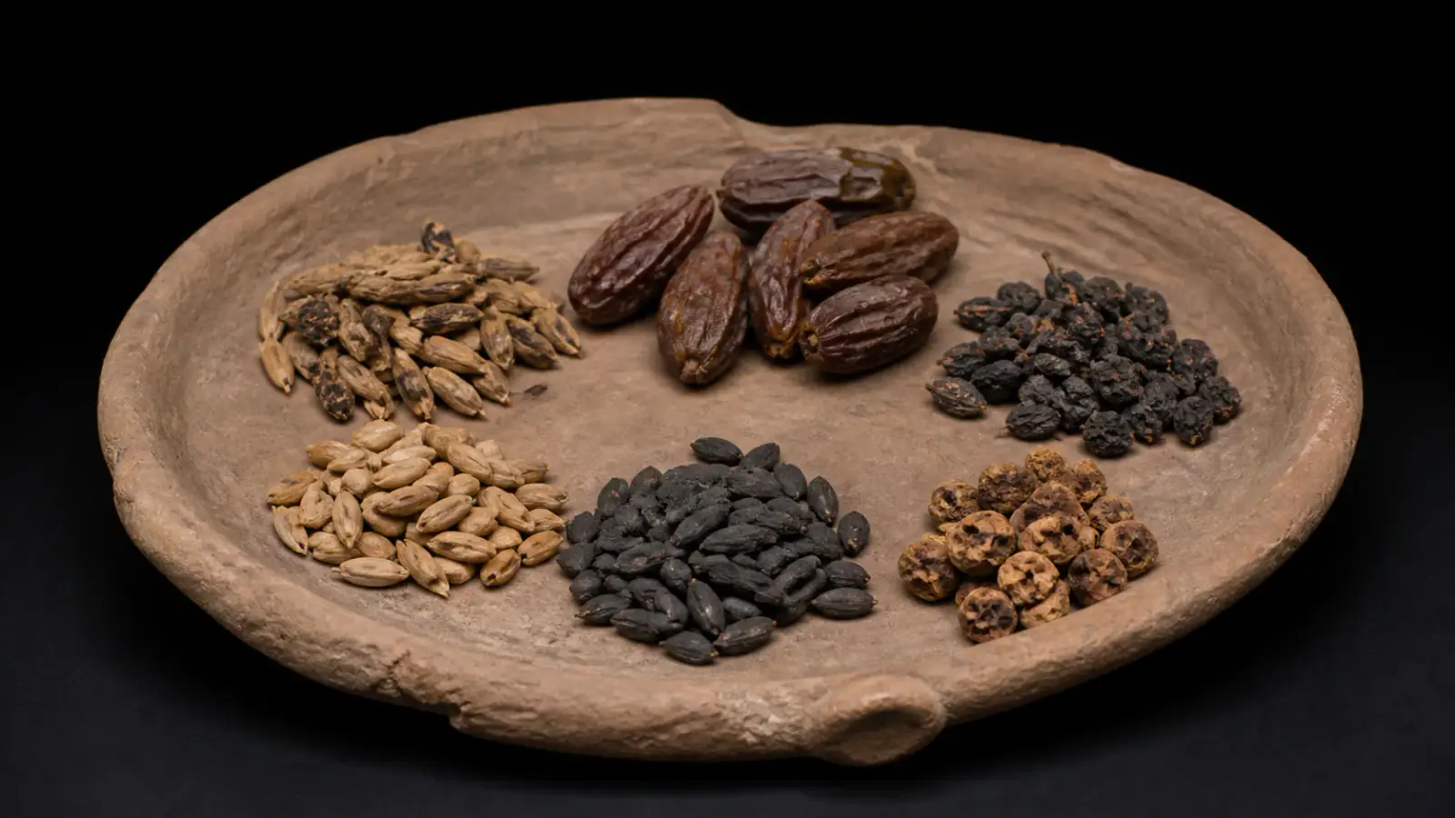 Recreación histórica específica de Trigo, cebada, dátiles, vid e higo antes del gran sistema, Zinchecra · Fezzan, 900–400 cal a. C.