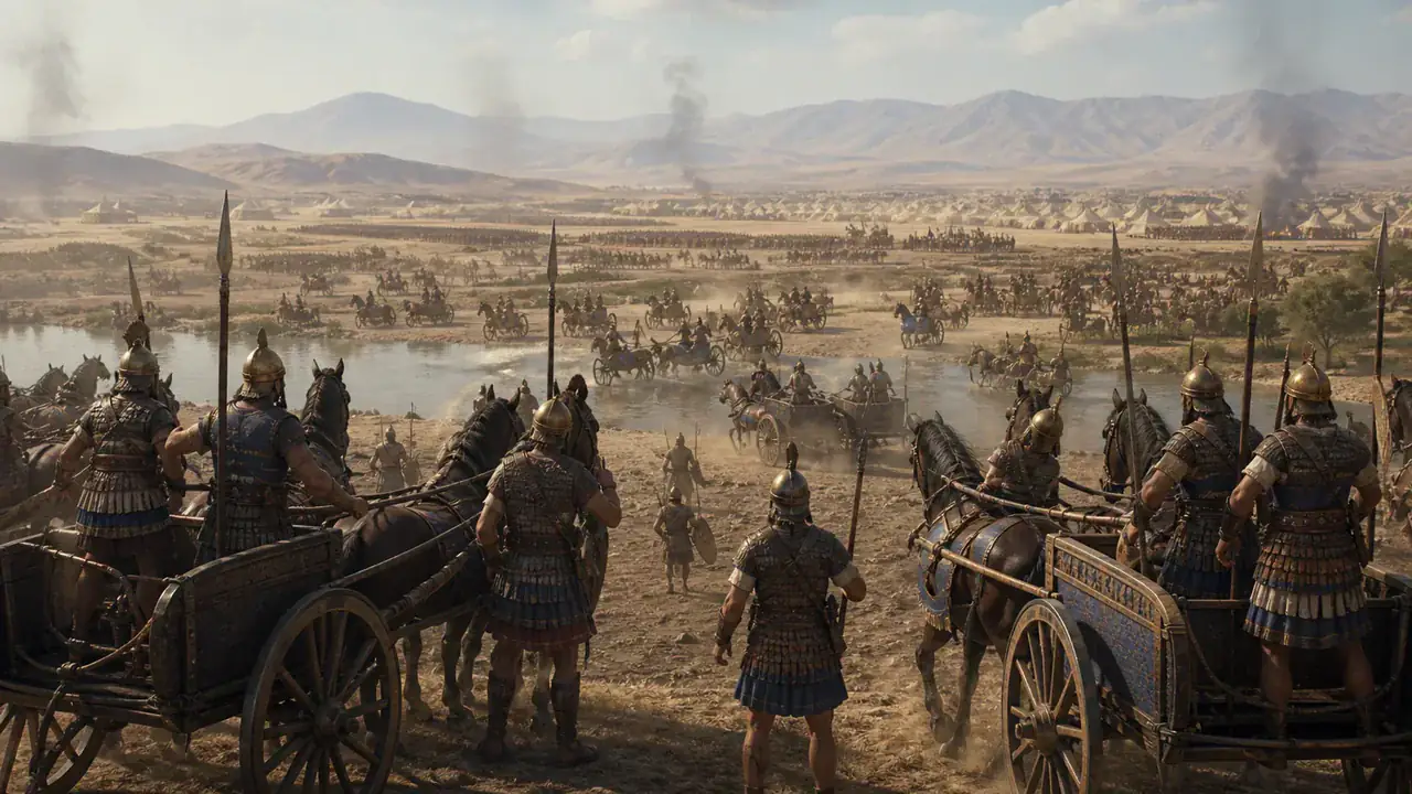 Recreación histórica específica de La batalla que dos imperios narraron como victoria, Qadesh, valle del Orontes, actual Siria, Convencionalmente 1274 a. C.
