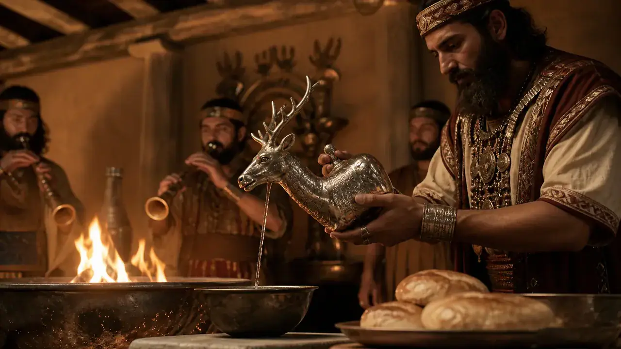 Recreación histórica específica de Beber de un dios modelado en plata, Anatolia central; procedencia exacta no documentada, Siglos XIV–XIII a. C.