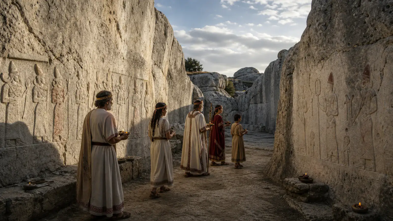 Recreación histórica específica de Los dioses avanzan por una grieta de roca, Yazılıkaya, junto a Hattusa, Configuración principal del siglo XIII a. C.