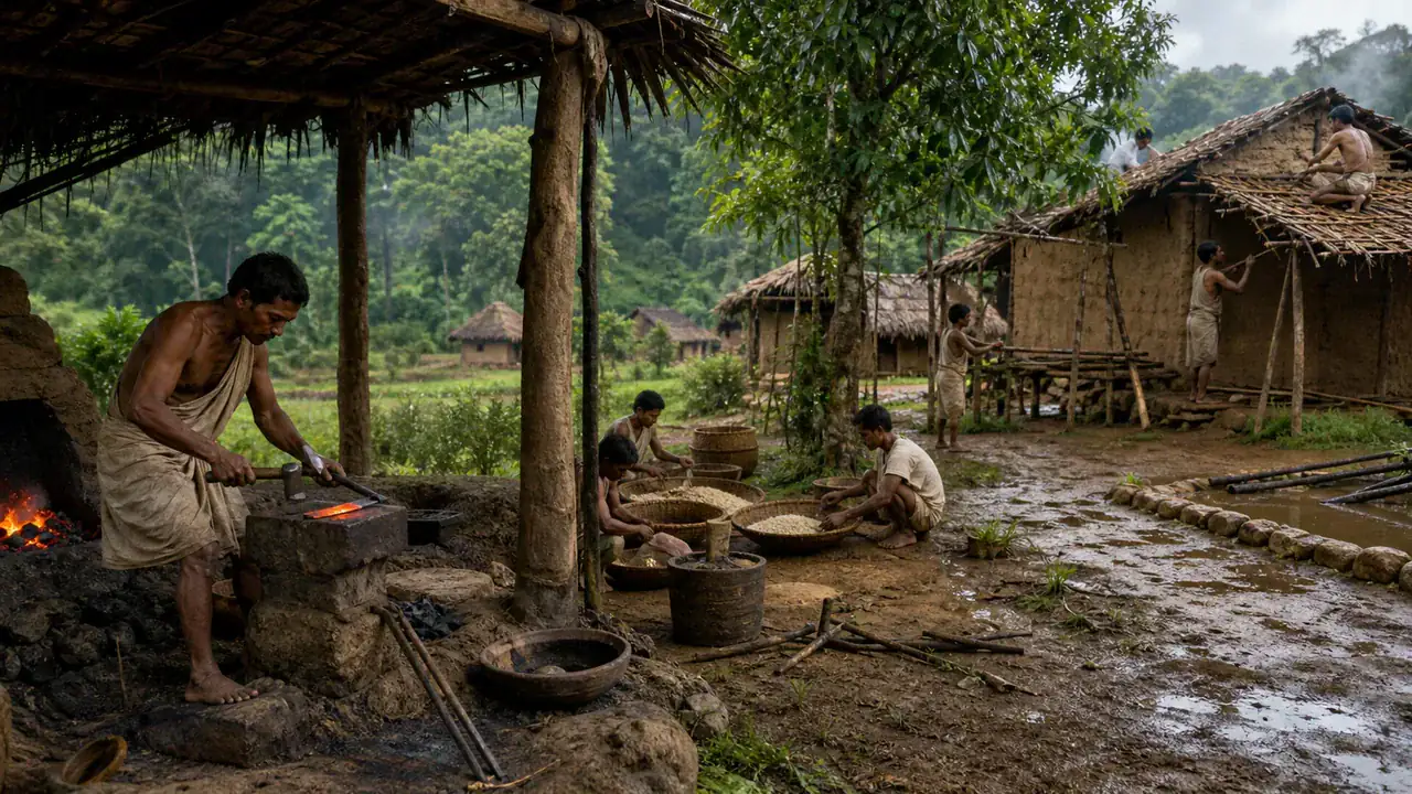 Recreación histórica específica de El bosque no cayó por una sola herramienta, Atranjikhera, Uttar Pradesh, llanura del Ganges, Principalmente inicios del I milenio a. C.