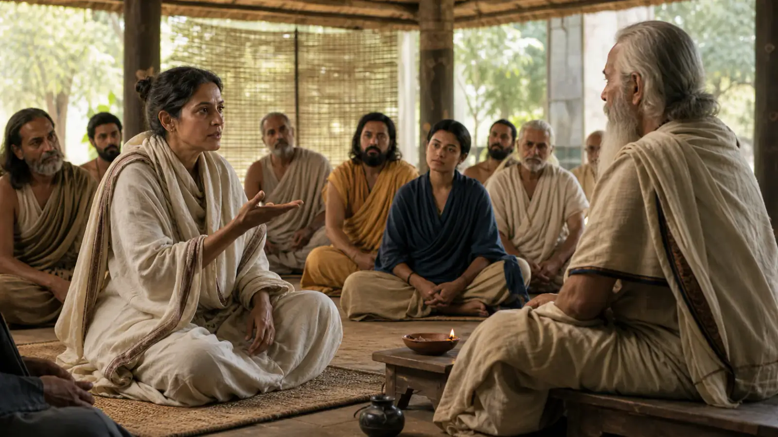 Recreación histórica específica de Una filósofa llevó el debate hasta el límite de lo que sostiene el mundo, Tradicionalmente corte de Janaka en Videha, Horizonte de las primeras Upaniṣad, aproximadamente siglos VIII–VI a. C.