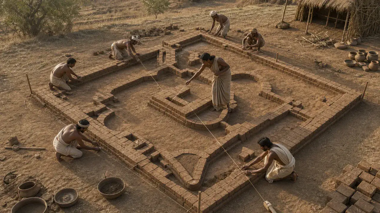 Recreación histórica específica de Transformar un cuadrado sin cambiar su área, Norte de India; tradiciones escolares diversas, Composición y transmisión aproximada c. 800–500 a. C., con revisiones