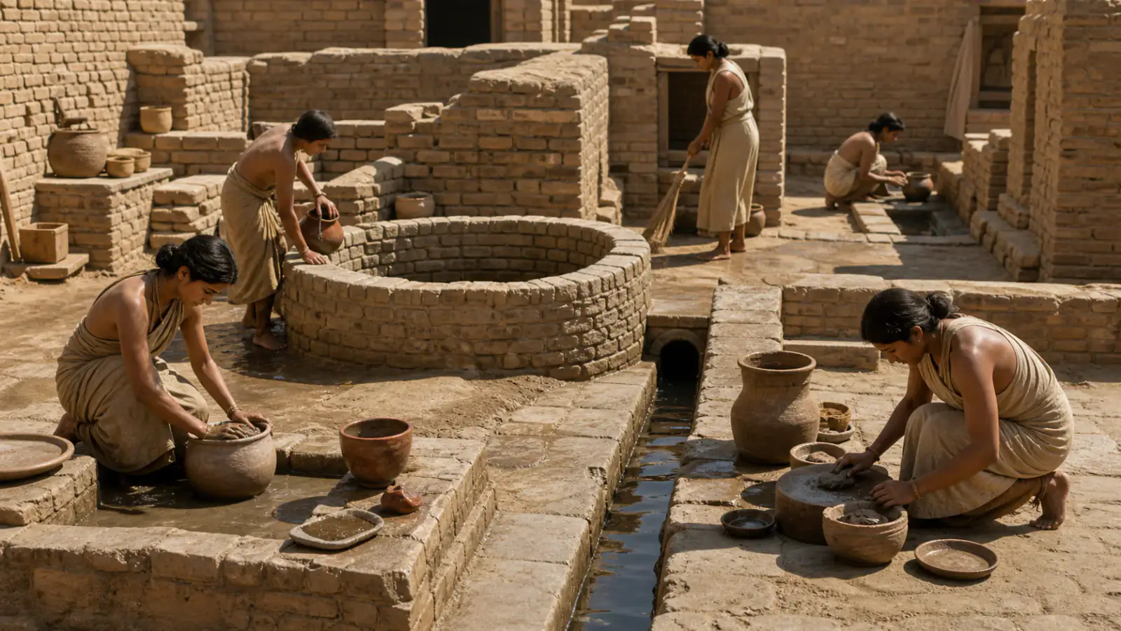 Detalle contextual de Mohenjo-daro bajo los pies, asociado a la tarjeta Agua, casa y cuidado cotidiano